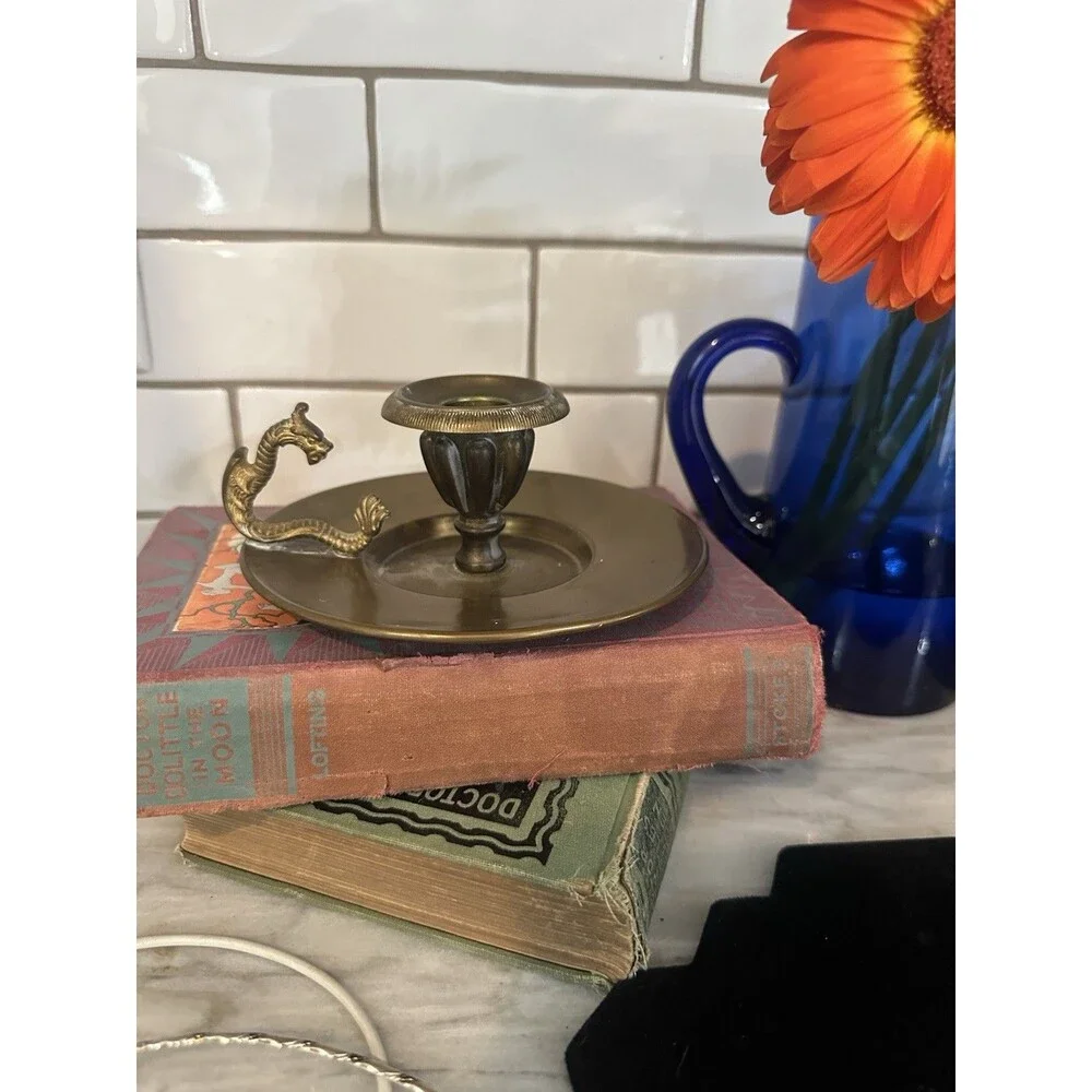 Vintage Brass Dragon Handle Candlestick Candle Holder Chamberstick
